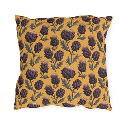 Deep plum artichoke thistles on warm ochre outdoor pillow