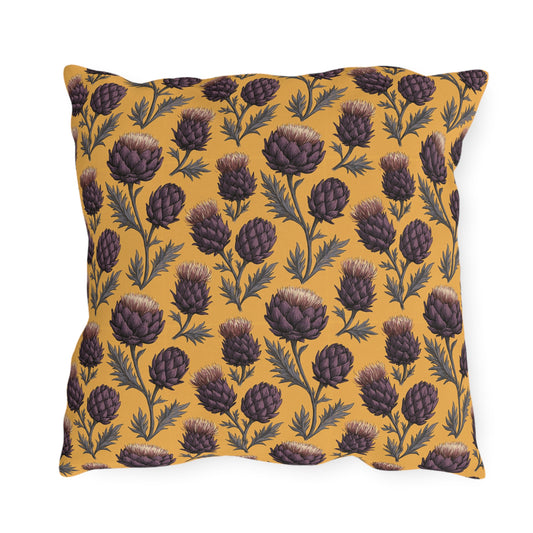 Deep plum artichoke thistles on warm ochre outdoor pillow