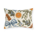 Christmas outdoor lumbar pillow with watercolor blue and sage gingham bows, dried orange slices, cinnamon sticks, pinecones and pine on cream