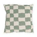 Modern outdoor pillow with a hand-painted sage green and cream checkerboard