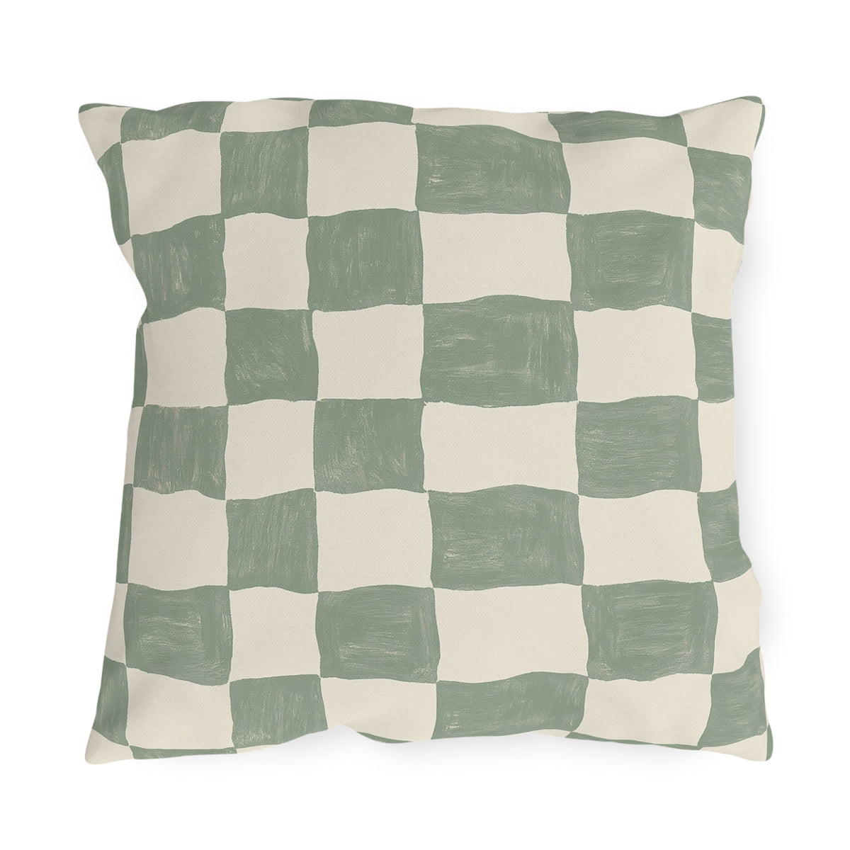 Modern outdoor pillow with a hand-painted sage green and cream checkerboard