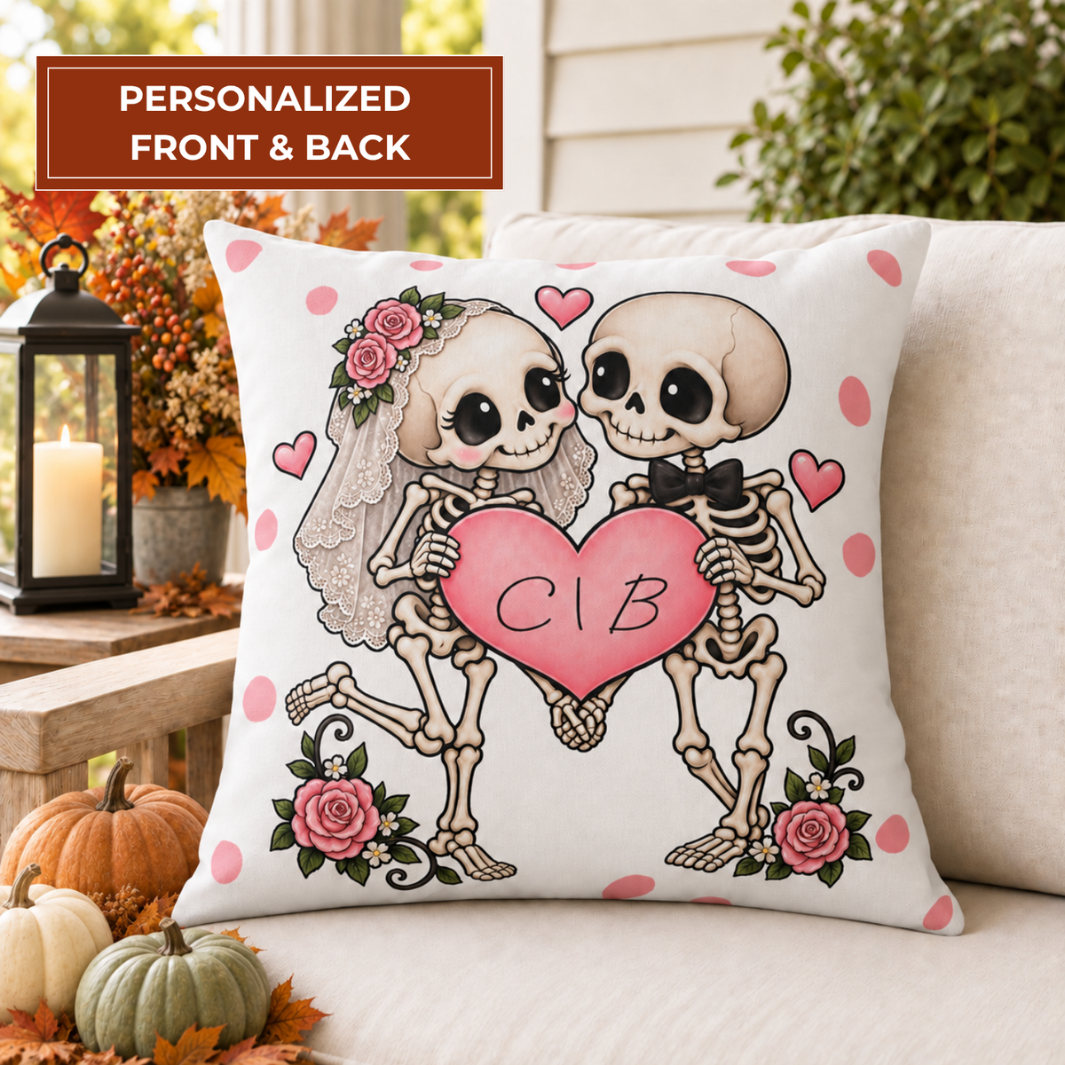White polka dot outdoor pillow with skeleton couple and monogram heart, second view