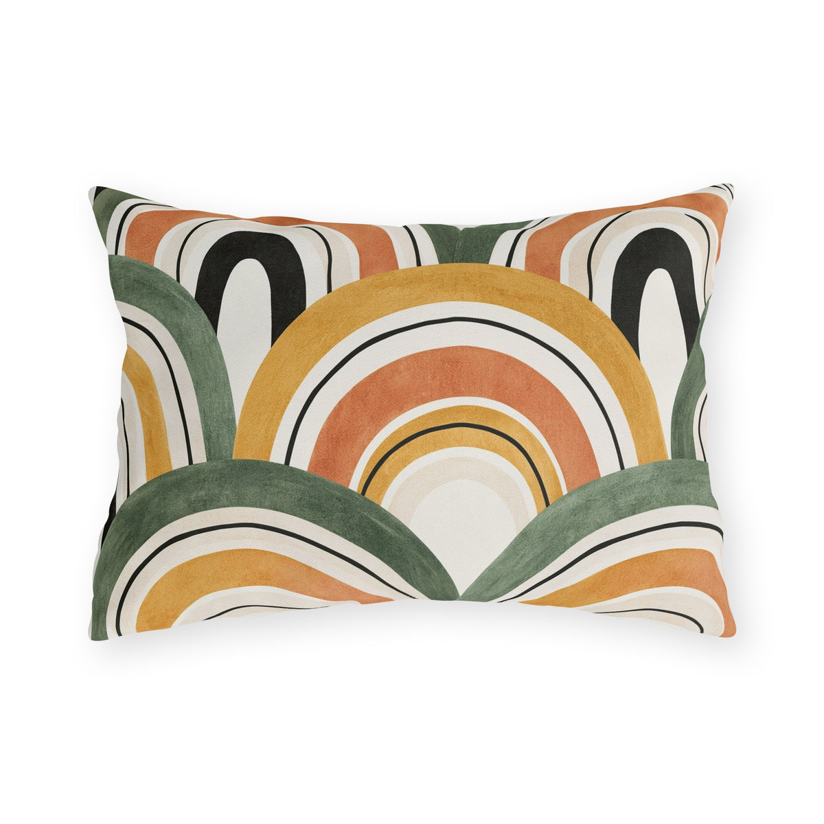 Overlapping ochre, terracotta and olive arches on a cream outdoor lumbar pillow
