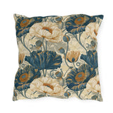 Slate blue and gold poppies with dragonflies on a cream outdoor pillow