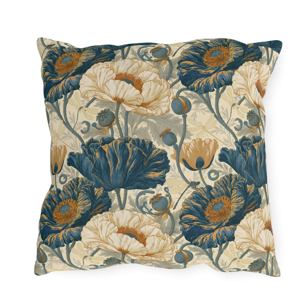Slate blue and gold poppies with dragonflies on a cream outdoor pillow