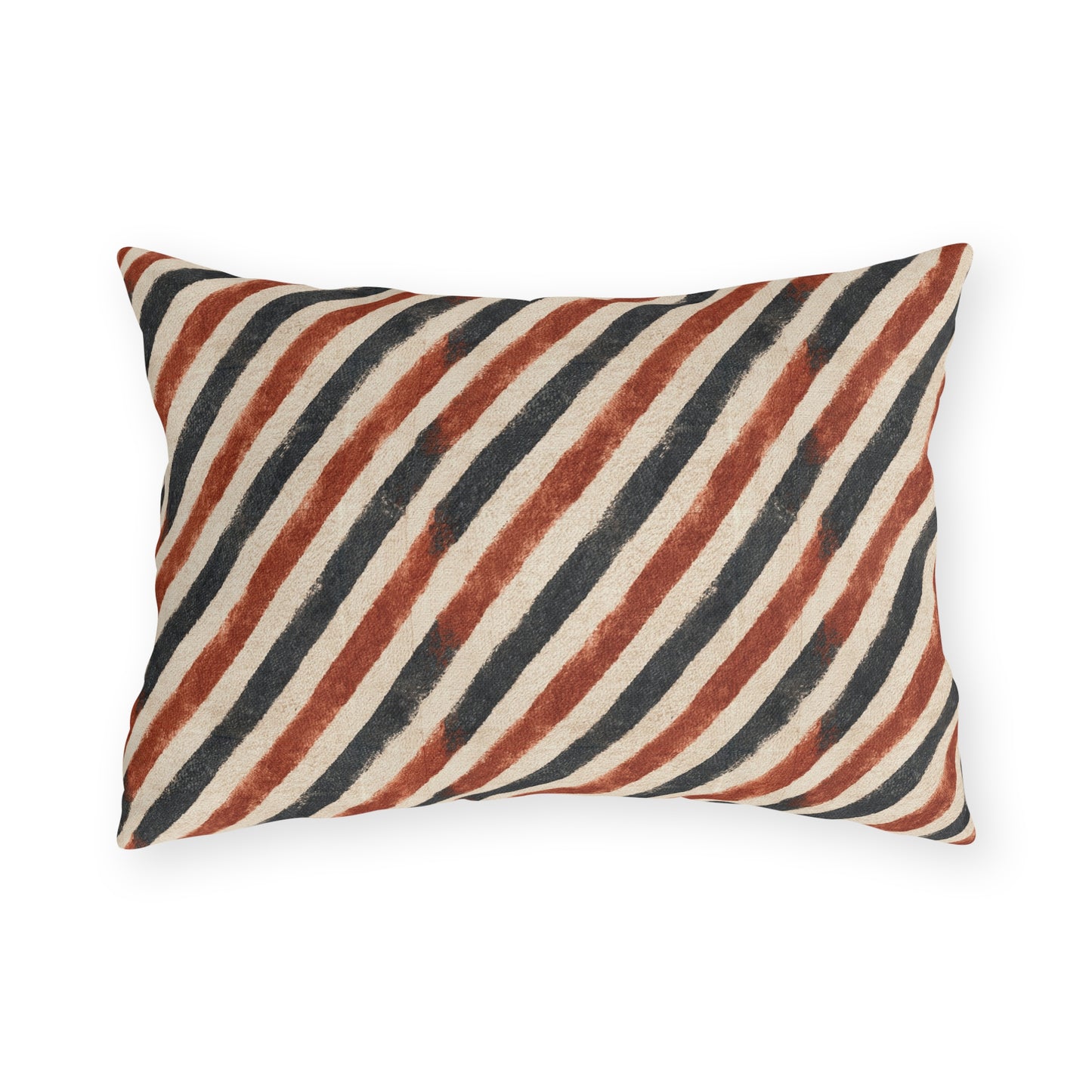 Diagonal rust and charcoal block-printed stripes on cream outdoor lumbar pillow