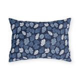 Indigo, steel blue and white autumn leaves on navy outdoor lumbar pillow