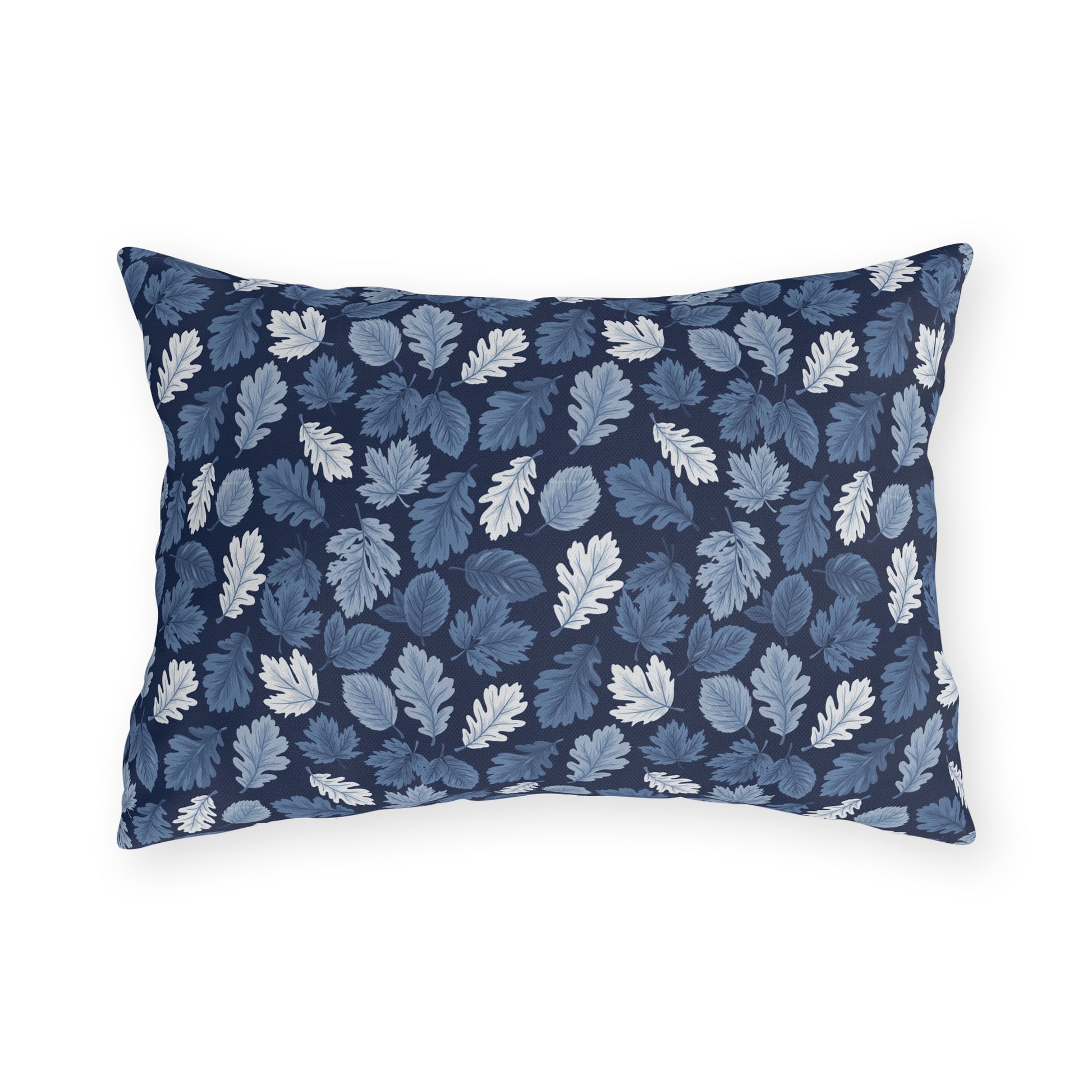 Indigo, steel blue and white autumn leaves on navy outdoor lumbar pillow