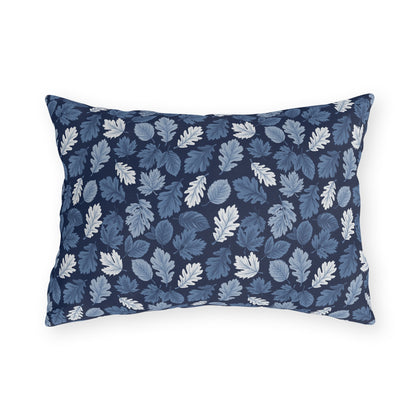 Indigo, steel blue and white autumn leaves on navy outdoor lumbar pillow