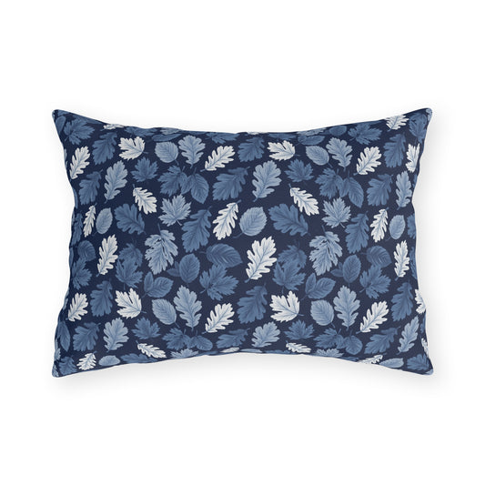 Indigo, steel blue and white autumn leaves on navy outdoor lumbar pillow