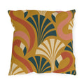 Art deco flamingo outdoor pillow with coral flamingos and teal fans on mustard