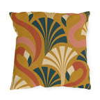 Art deco flamingo outdoor pillow with coral flamingos and teal fans on mustard