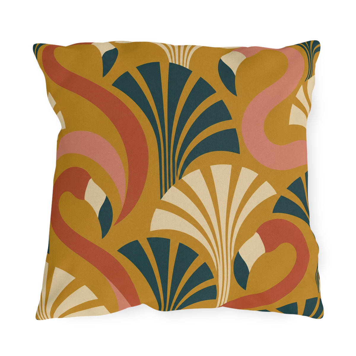 Art deco flamingo outdoor pillow with coral flamingos and teal fans on mustard