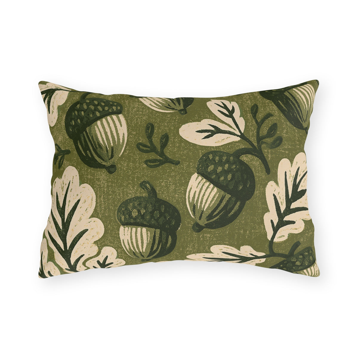 Acorns and oak leaves in forest green and cream on a mossy olive outdoor lumbar pillow