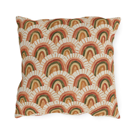 Retro terracotta, rust and olive arch pattern outdoor pillow