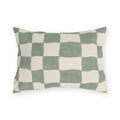 Modern outdoor lumbar pillow with a hand-painted sage green and cream checkerboard