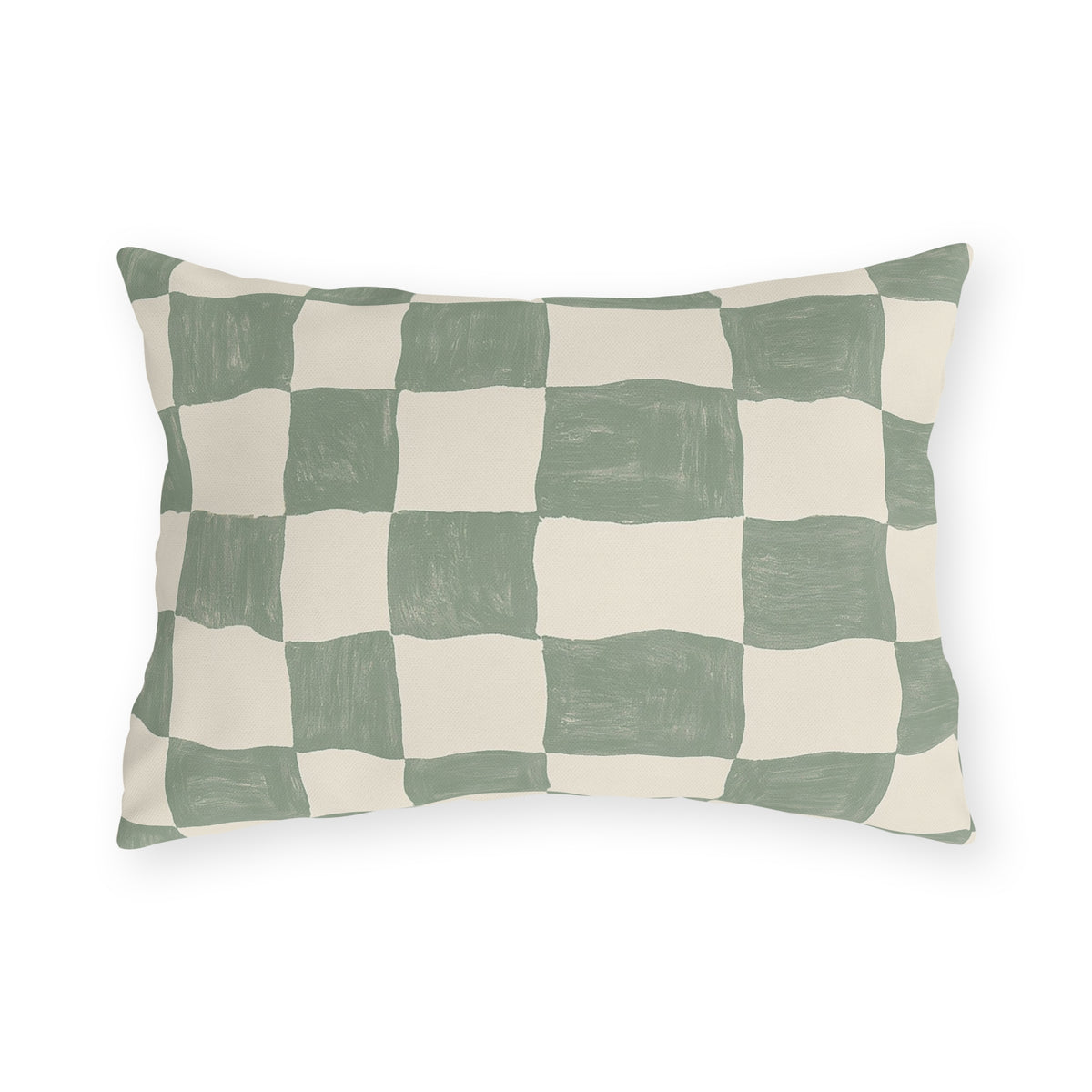 Modern outdoor lumbar pillow with a hand-painted sage green and cream checkerboard