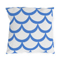 Blue outdoor pillow with hand-painted cornflower blue scallops in overlapping rows on white