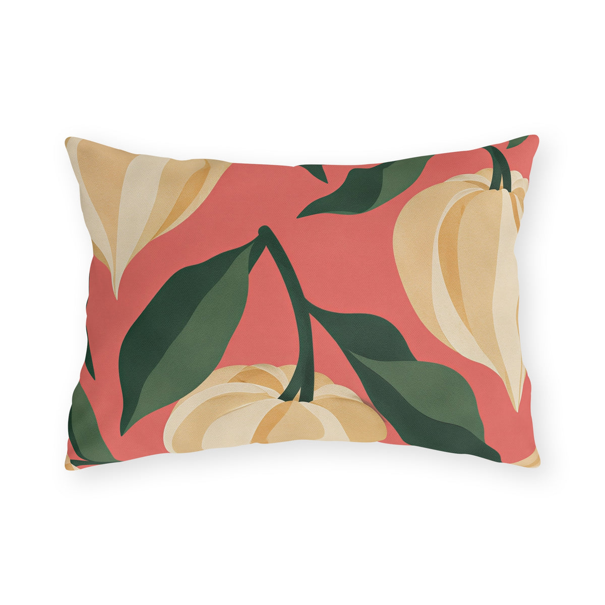 Fall outdoor lumbar pillow with cream and golden Chinese lantern pods and dark green leaves on coral pink