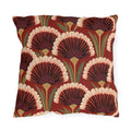 Modern outdoor pillow with art deco fan flowers in burgundy, cream and coral with green leaves on brick red