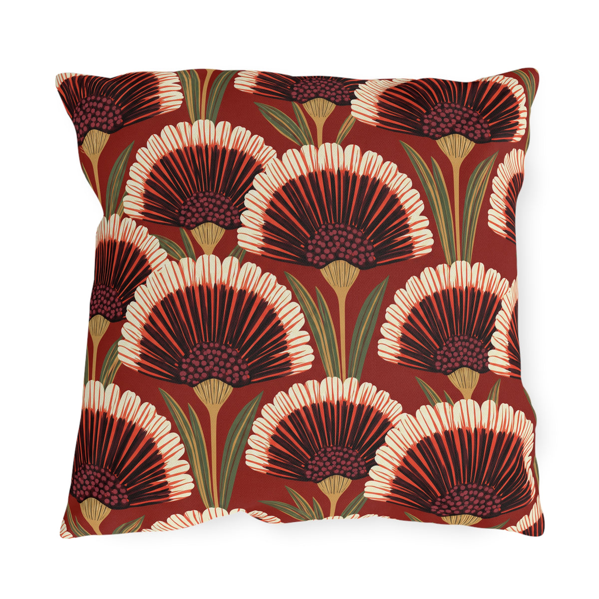 Modern outdoor pillow with art deco fan flowers in burgundy, cream and coral with green leaves on brick red