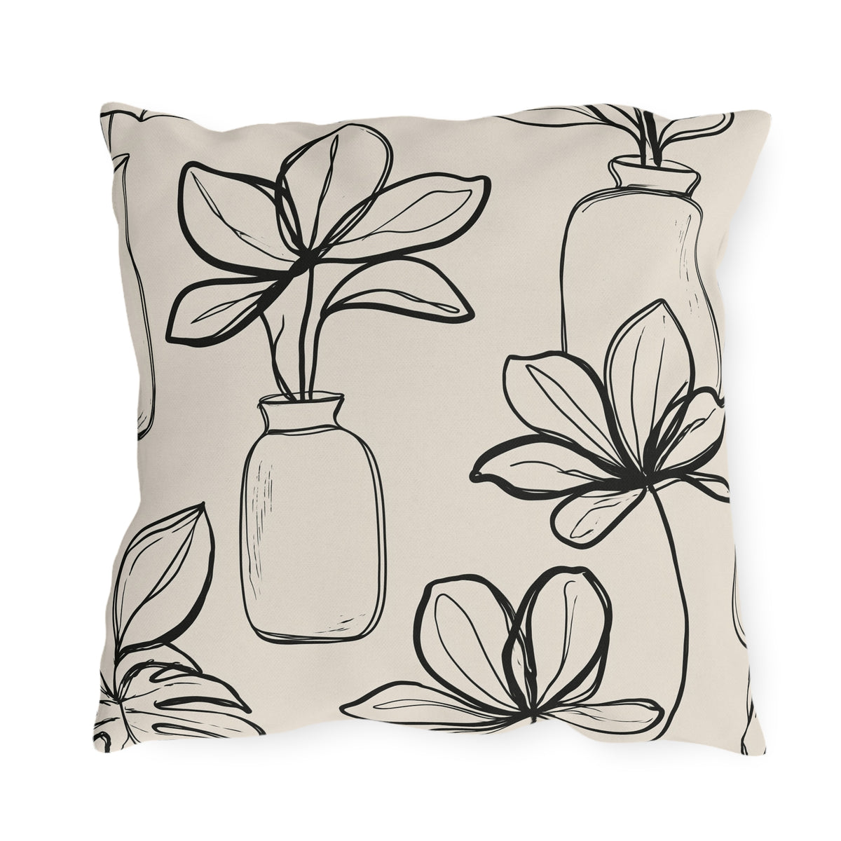 Black line-drawn plants in bottle vases on a cream outdoor pillow