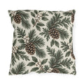 Pine branches, cedar sprigs, pinecones and white berries on a cream outdoor pillow