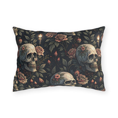 Gothic skulls, dusty roses and candles on dark charcoal outdoor lumbar pillow