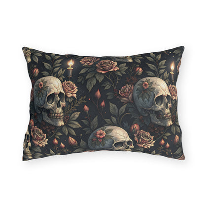 Gothic skulls, dusty roses and candles on dark charcoal outdoor lumbar pillow