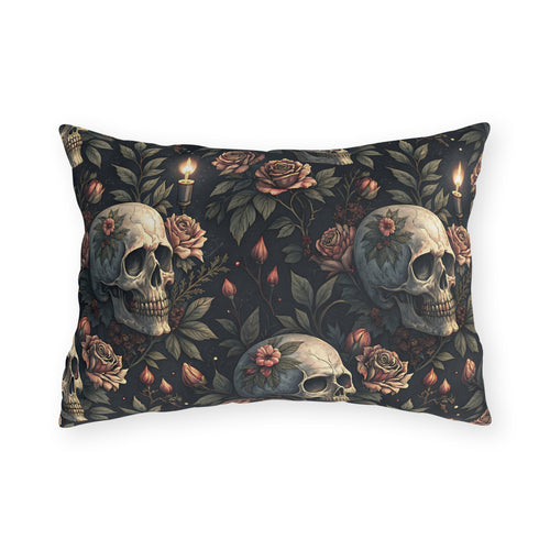 Gothic skulls, dusty roses and candles on dark charcoal outdoor lumbar pillow