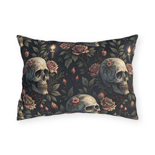 Gothic skulls, dusty roses and candles on dark charcoal outdoor lumbar pillow
