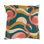 Retro flamingo outdoor pillow with coral flamingos, mustard waves and sun discs on teal