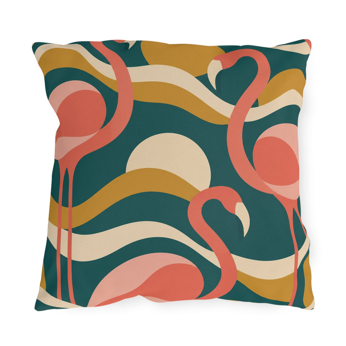 Retro flamingo outdoor pillow with coral flamingos, mustard waves and sun discs on teal