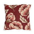 Cream and dusty rose peonies painted on a deep crimson outdoor pillow