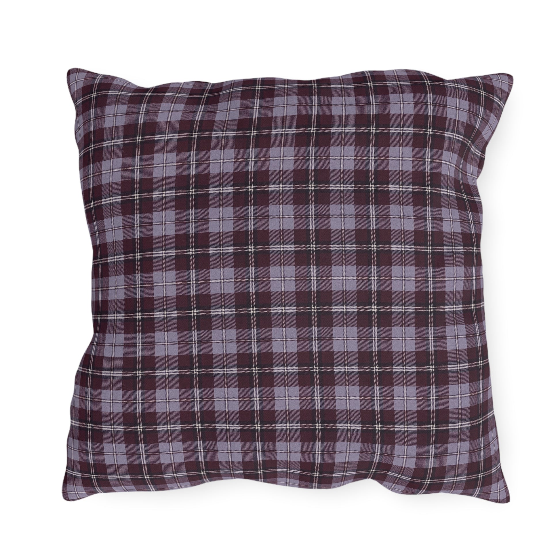 Burgundy and lavender grey tartan plaid outdoor pillow