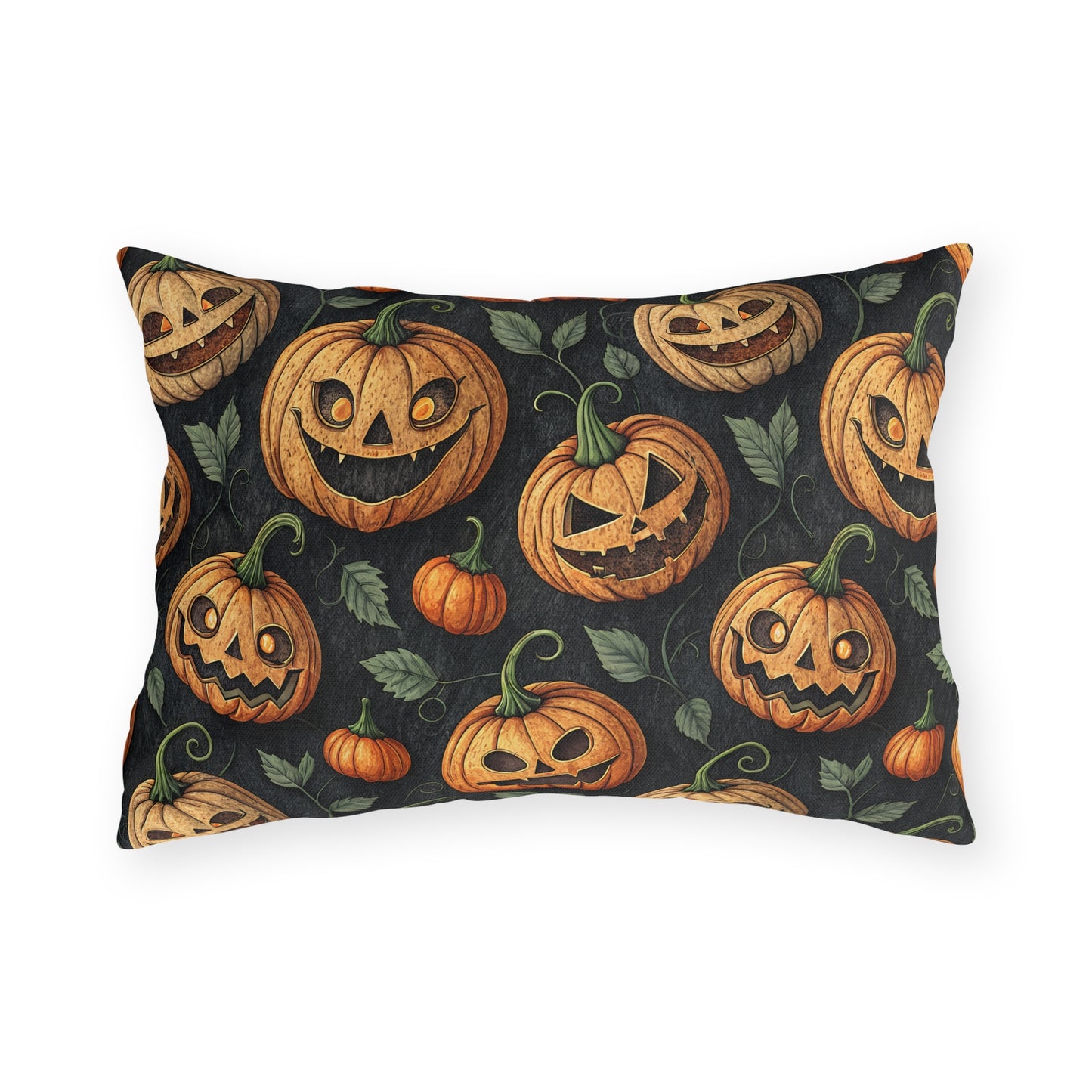 Carved jack-o-lantern pumpkins and vines on charcoal outdoor lumbar pillow