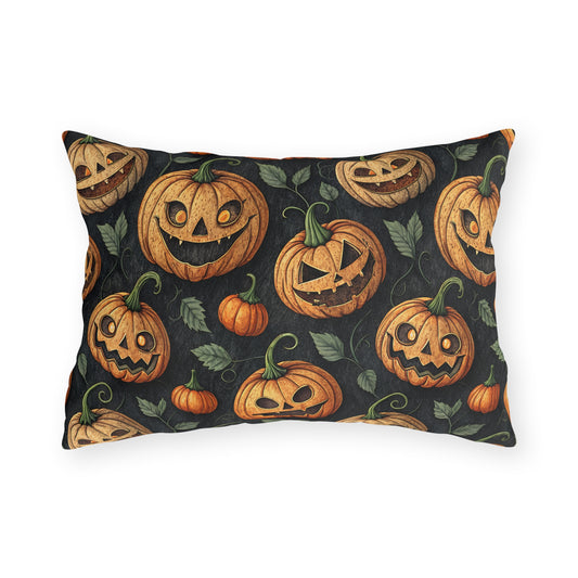 Carved jack-o-lantern pumpkins and vines on charcoal outdoor lumbar pillow