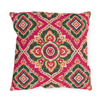 Boho outdoor pillow with Moroccan medallions in emerald green, orange and cream on raspberry pink