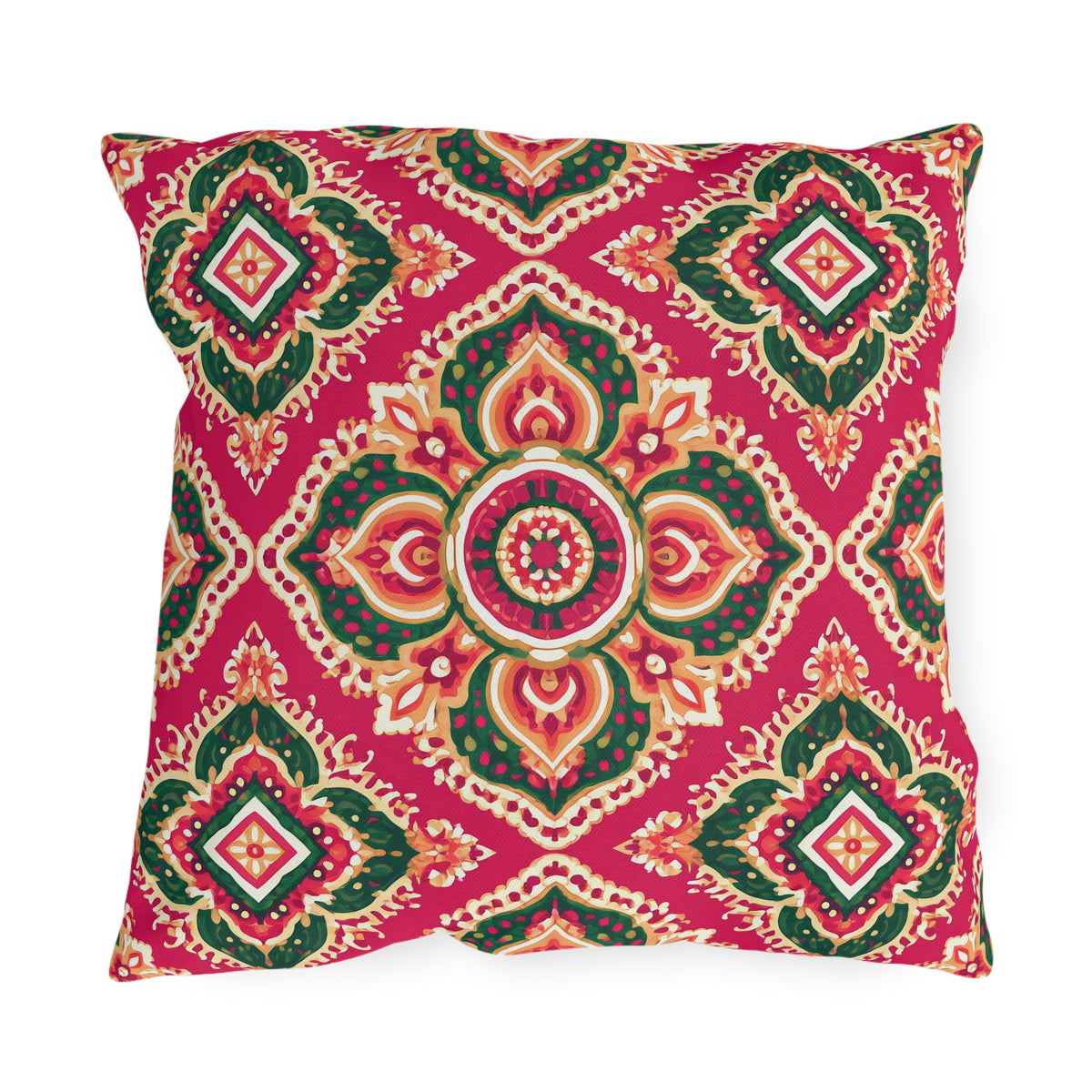 Boho outdoor pillow with Moroccan medallions in emerald green, orange and cream on raspberry pink