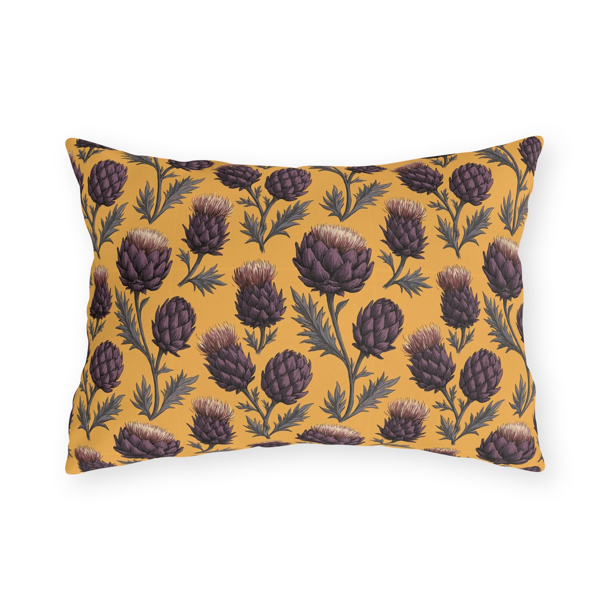 Deep plum artichoke thistles on warm ochre outdoor lumbar pillow