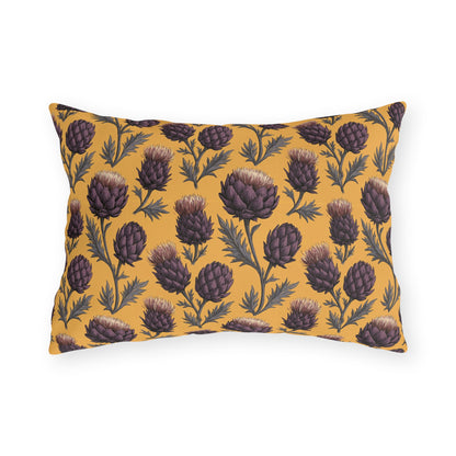 Deep plum artichoke thistles on warm ochre outdoor lumbar pillow
