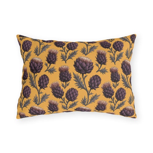 Deep plum artichoke thistles on warm ochre outdoor lumbar pillow