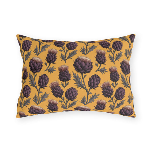 Deep plum artichoke thistles on warm ochre outdoor lumbar pillow