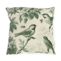 Green outdoor pillow with engraved toile songbirds, blossoms and bees on cream