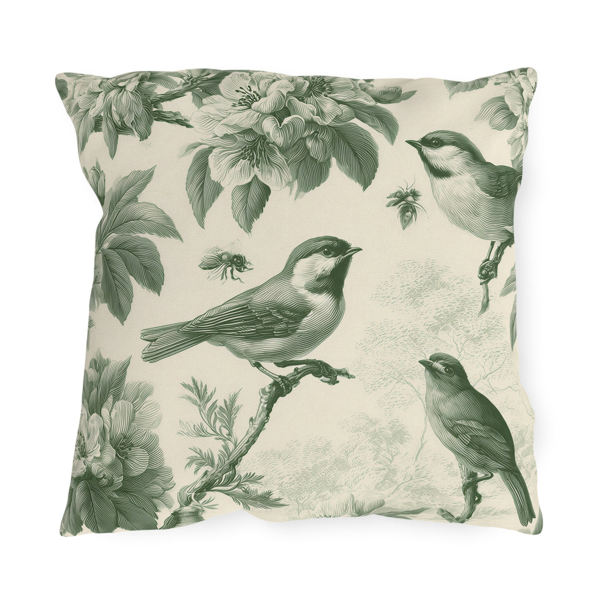 Green outdoor pillow with engraved toile songbirds, blossoms and bees on cream