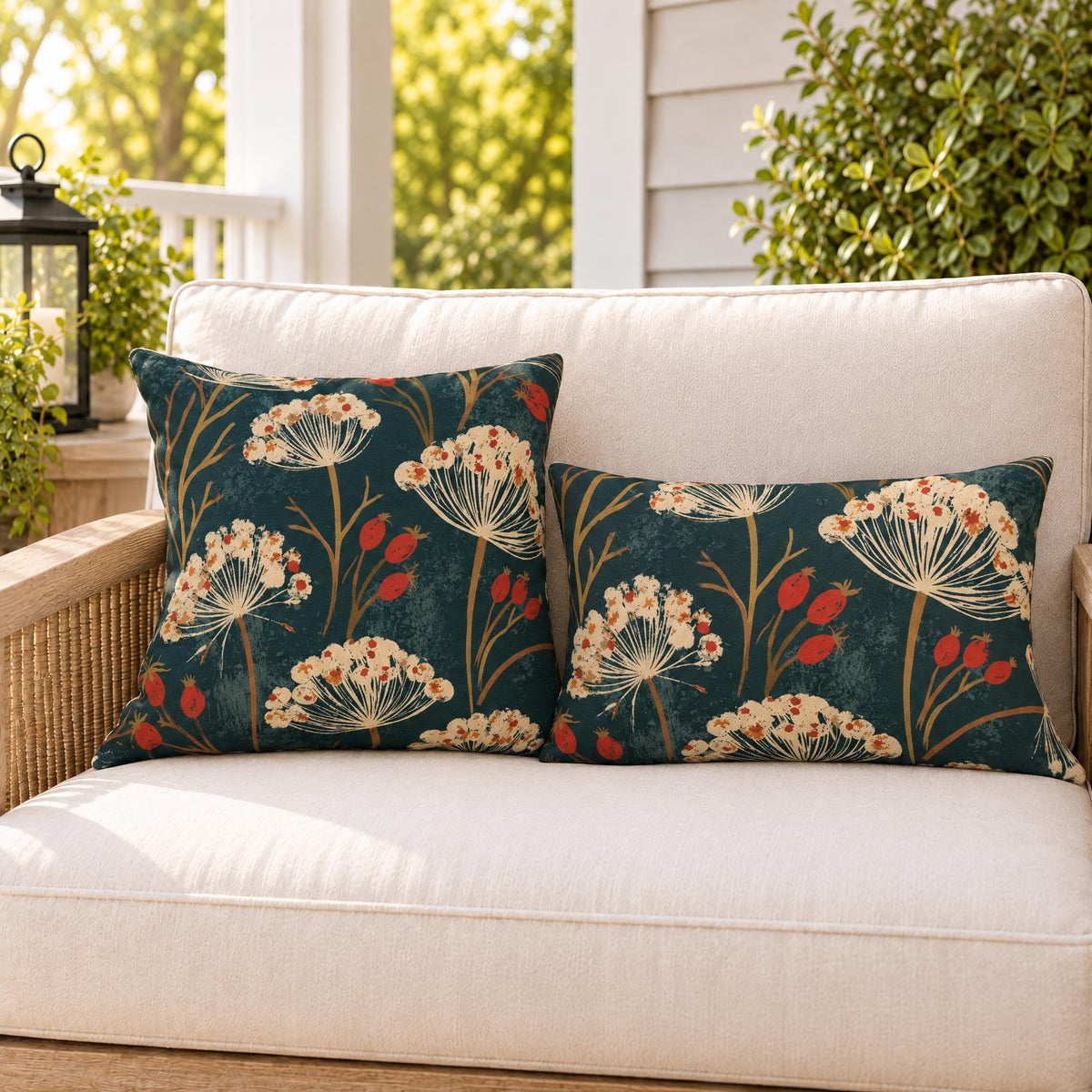 Cow Parsley Teal Outdoor Lumbar Pillow