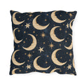 Gold crescent moons and stars on a deep navy outdoor pillow