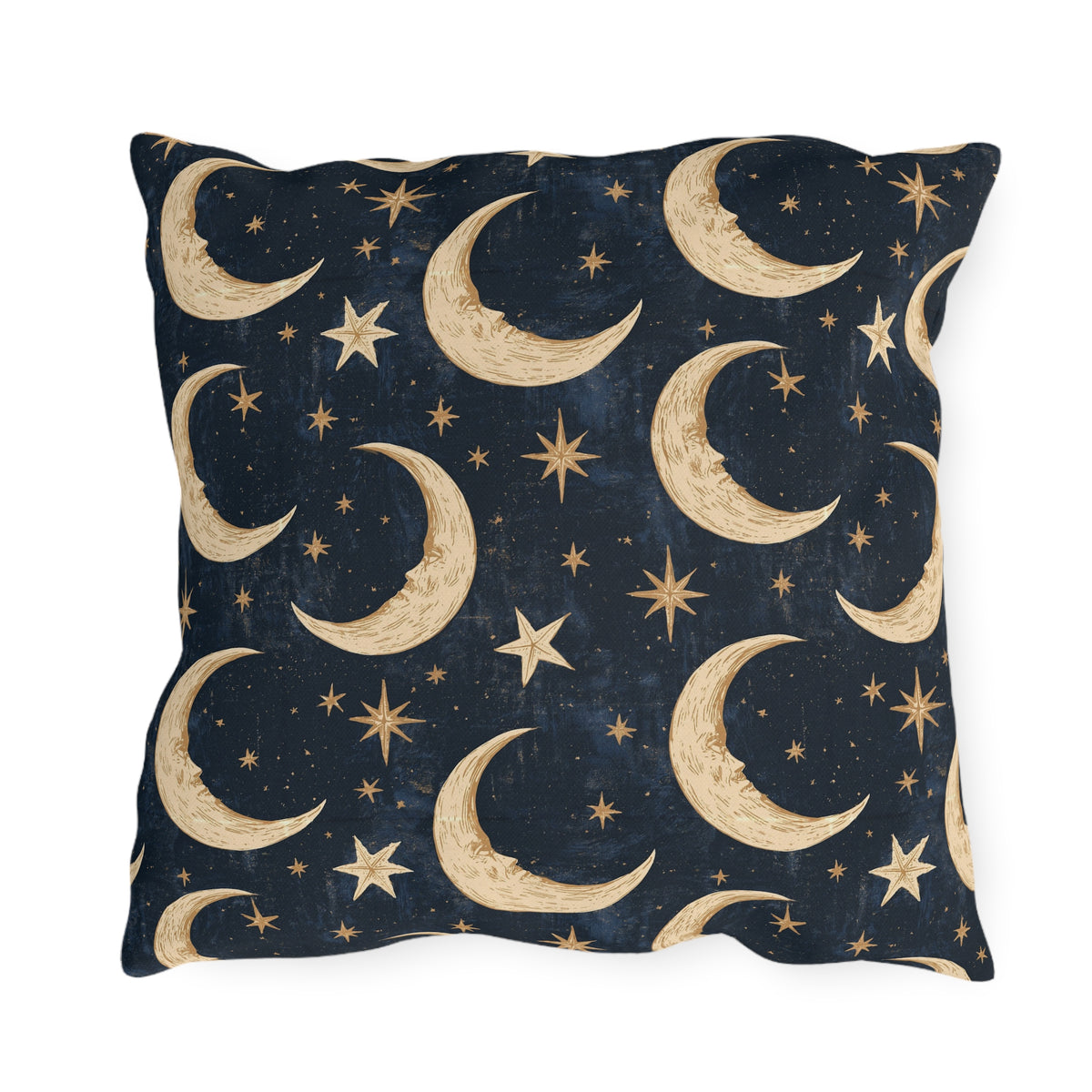 Gold crescent moons and stars on a deep navy outdoor pillow