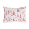 Pink cottages, fir trees and snowdrifts on white outdoor lumbar pillow