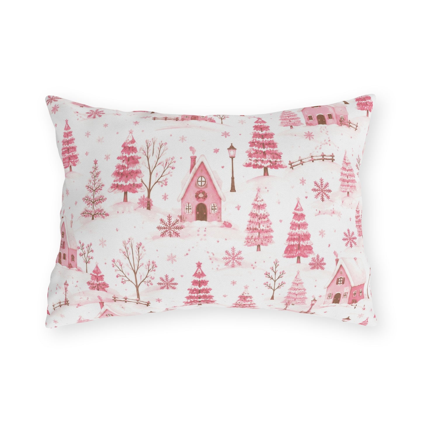 Pink cottages, fir trees and snowdrifts on white outdoor lumbar pillow